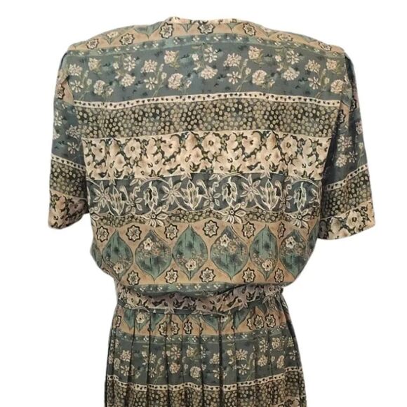 VTG 80s Green Floral Print Belted Pleated Midi Dress Size 16 *Fits like Large - Picture 16 of 17